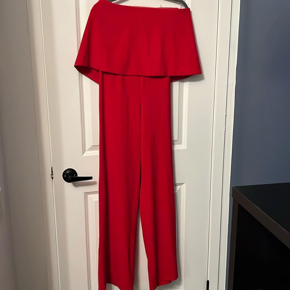 Red strapless jumpsuit